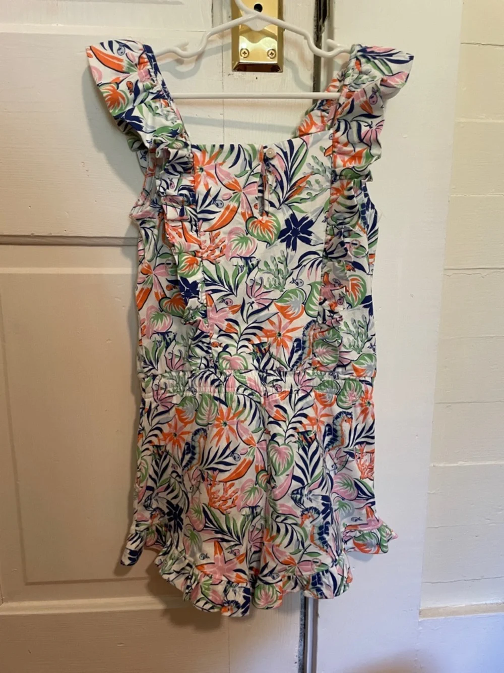 New Girls Polo Ralph Lauren Tropical Print Ruffled Cotton Romper size 6